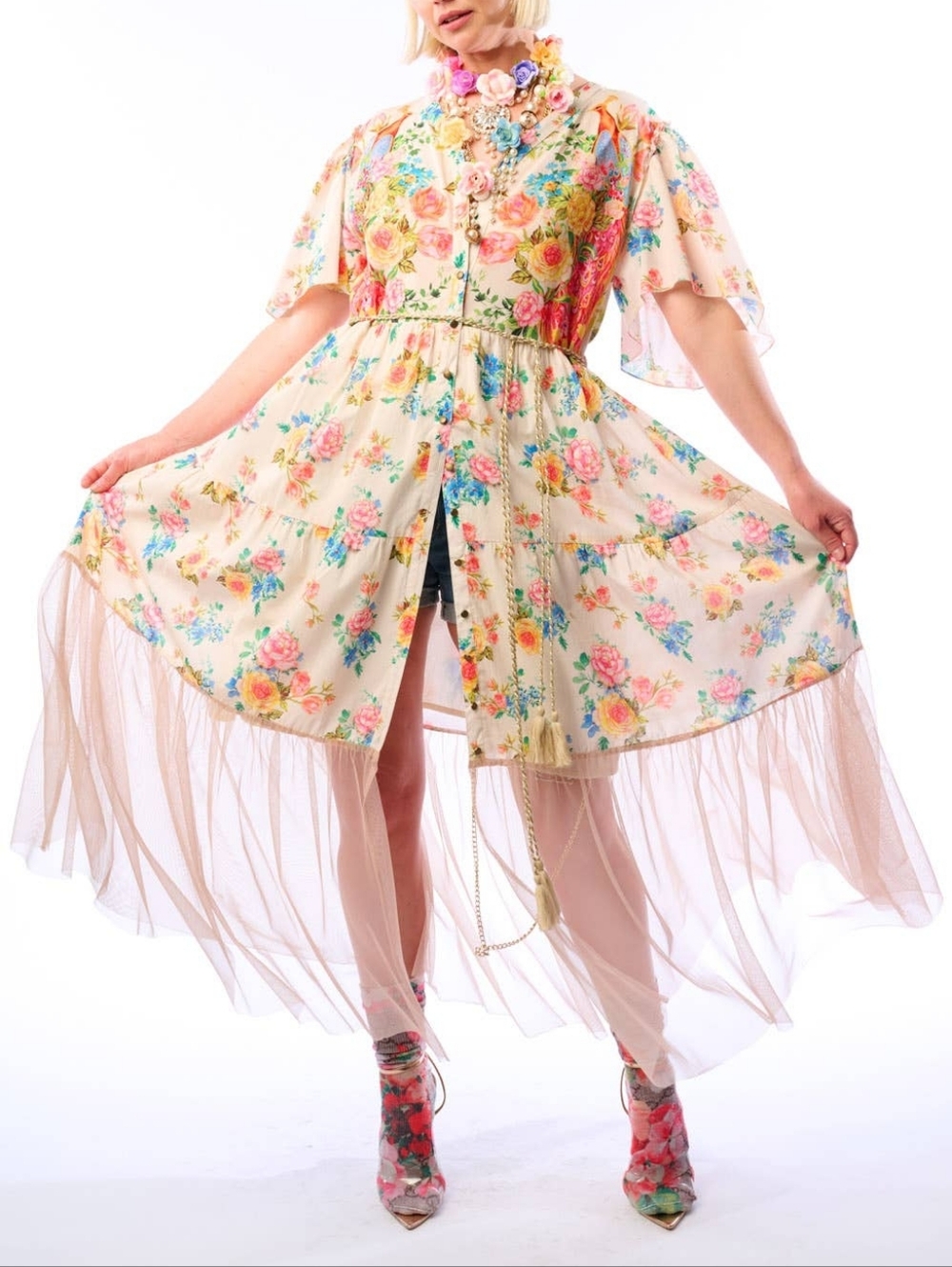 Aratta Floral Sheer High-Low Dress Coat in Pastel Peach